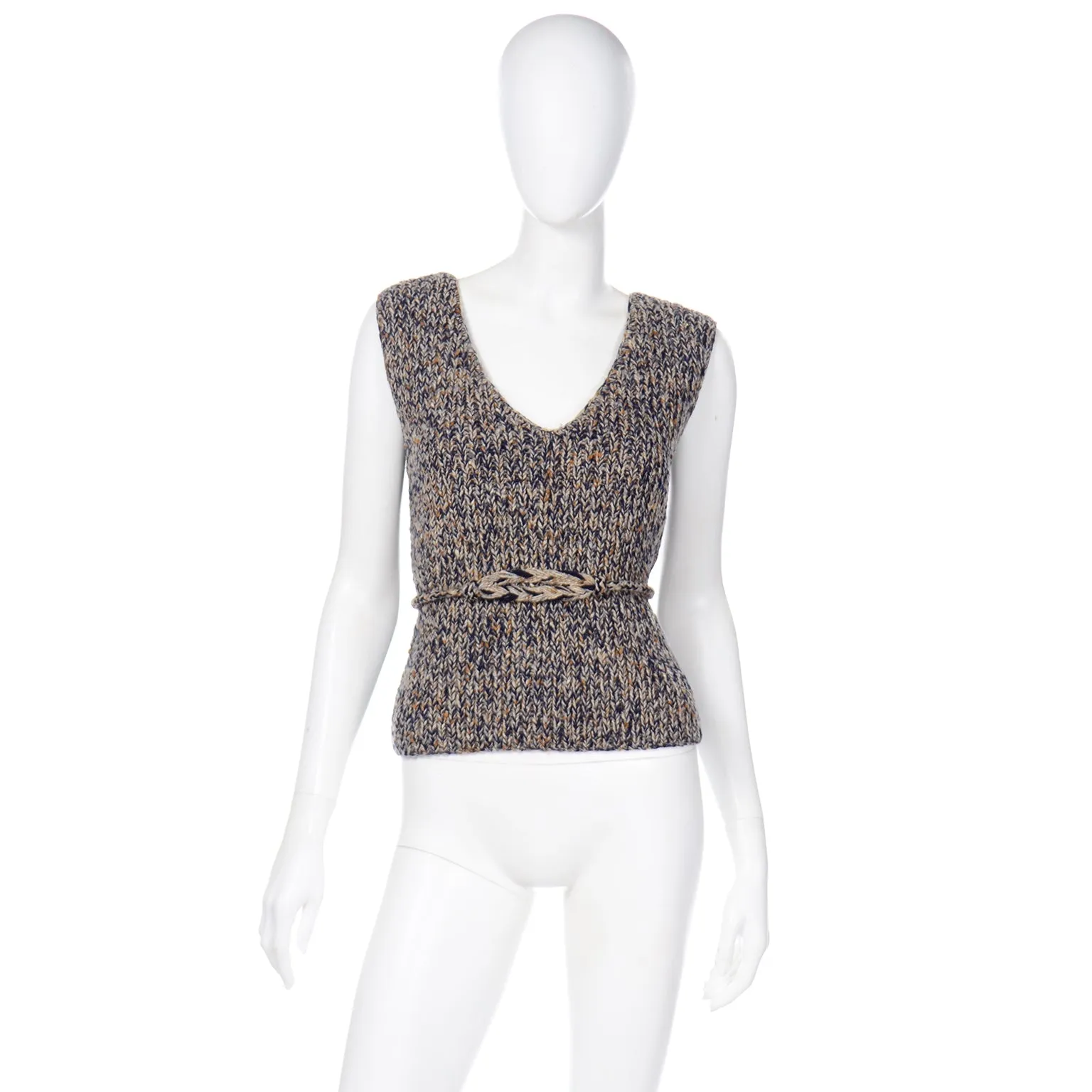 1970s Geoffrey Beene Wool Knit Sleeveless Sweater Vest w/ Belt