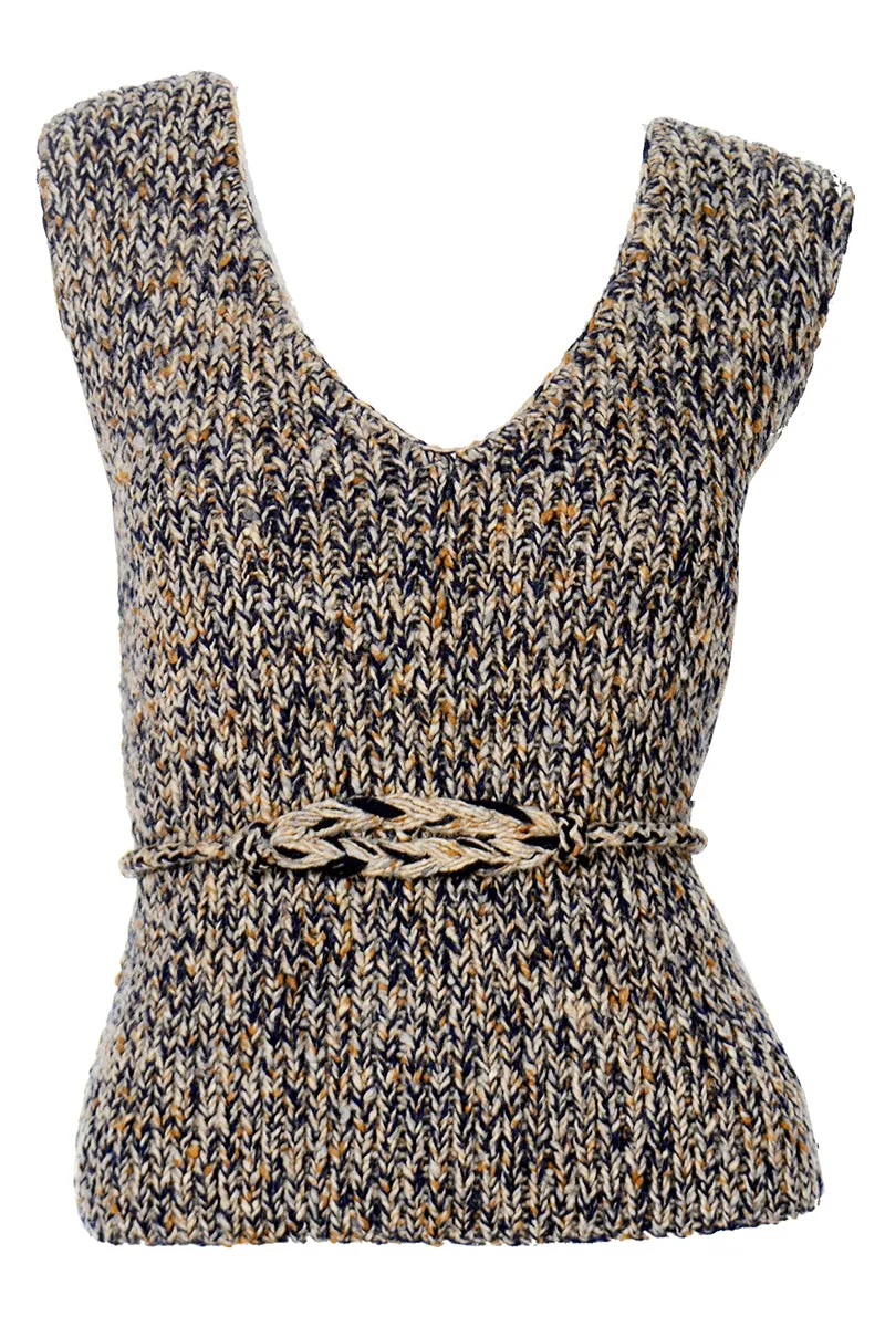 1970s Geoffrey Beene Wool Knit Sleeveless Sweater Vest w/ Belt