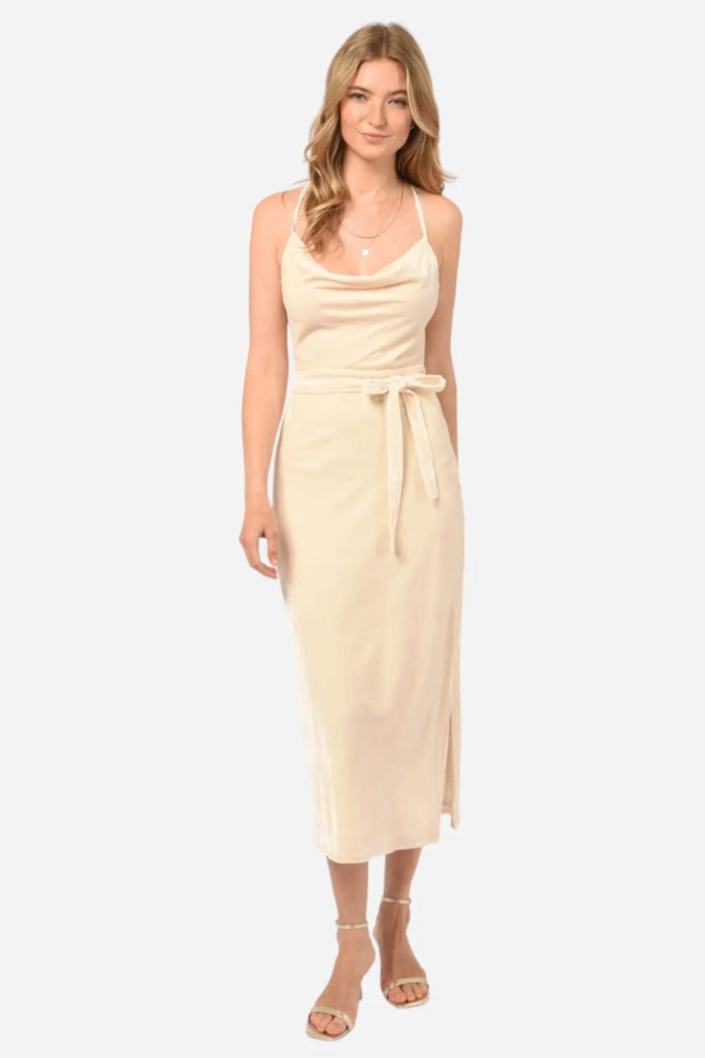 Adelyn Rae Zana Velvet Cowl Neck Slip Dress in Cream