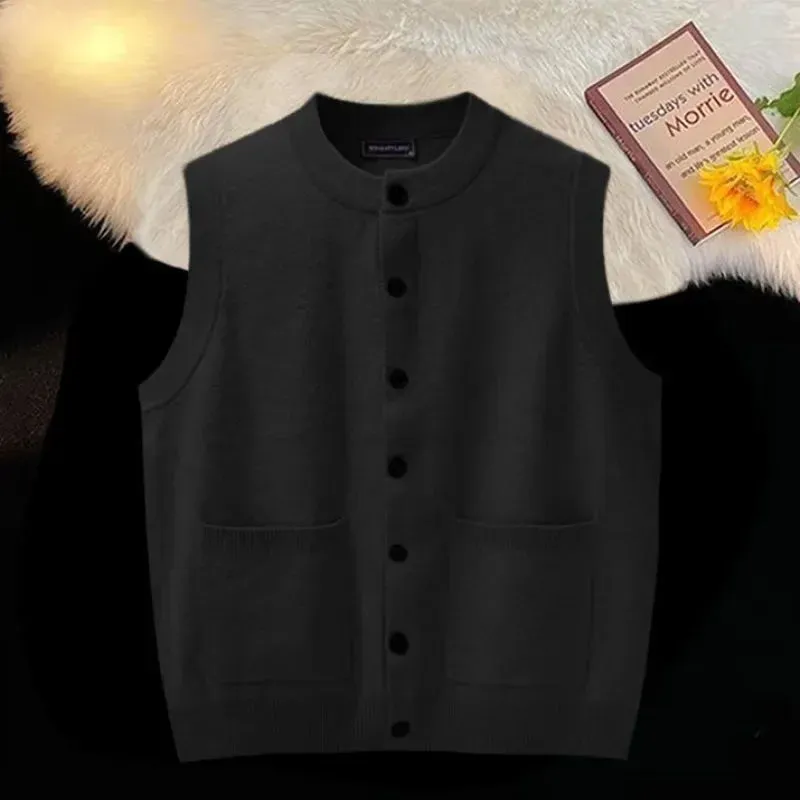 Aidase Vest Crewneck Man Clothes Black Waistcoat Knitted Sweaters for Men Sleeveless Round Collar Long Sleeve 100% Sheap Heated