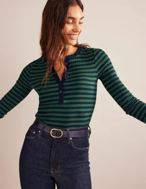 Anna Rib Henley T-Shirt-Green, Navy