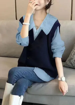 Autumn New Shirt Top And Knitted Vest Two Piece Fashion Loose ML1018