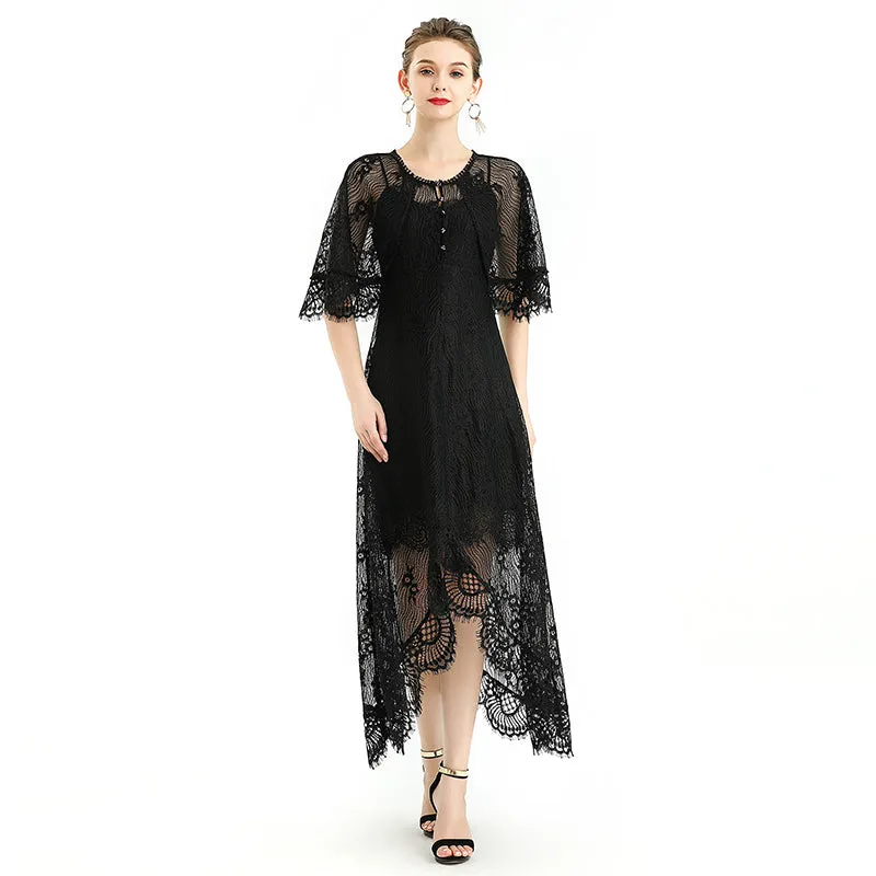 D078-2 Women floral lace cape sleeve flared asymmetric hem midi evening dress