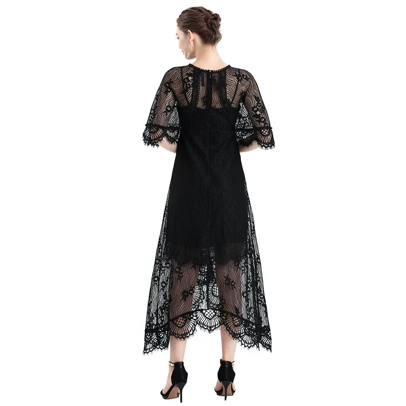 D078-2 Women floral lace cape sleeve flared asymmetric hem midi evening dress