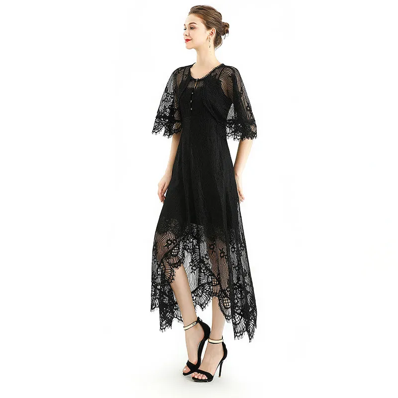 D078-2 Women floral lace cape sleeve flared asymmetric hem midi evening dress