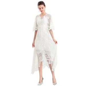 D078-2 Women floral lace cape sleeve flared asymmetric hem midi evening dress