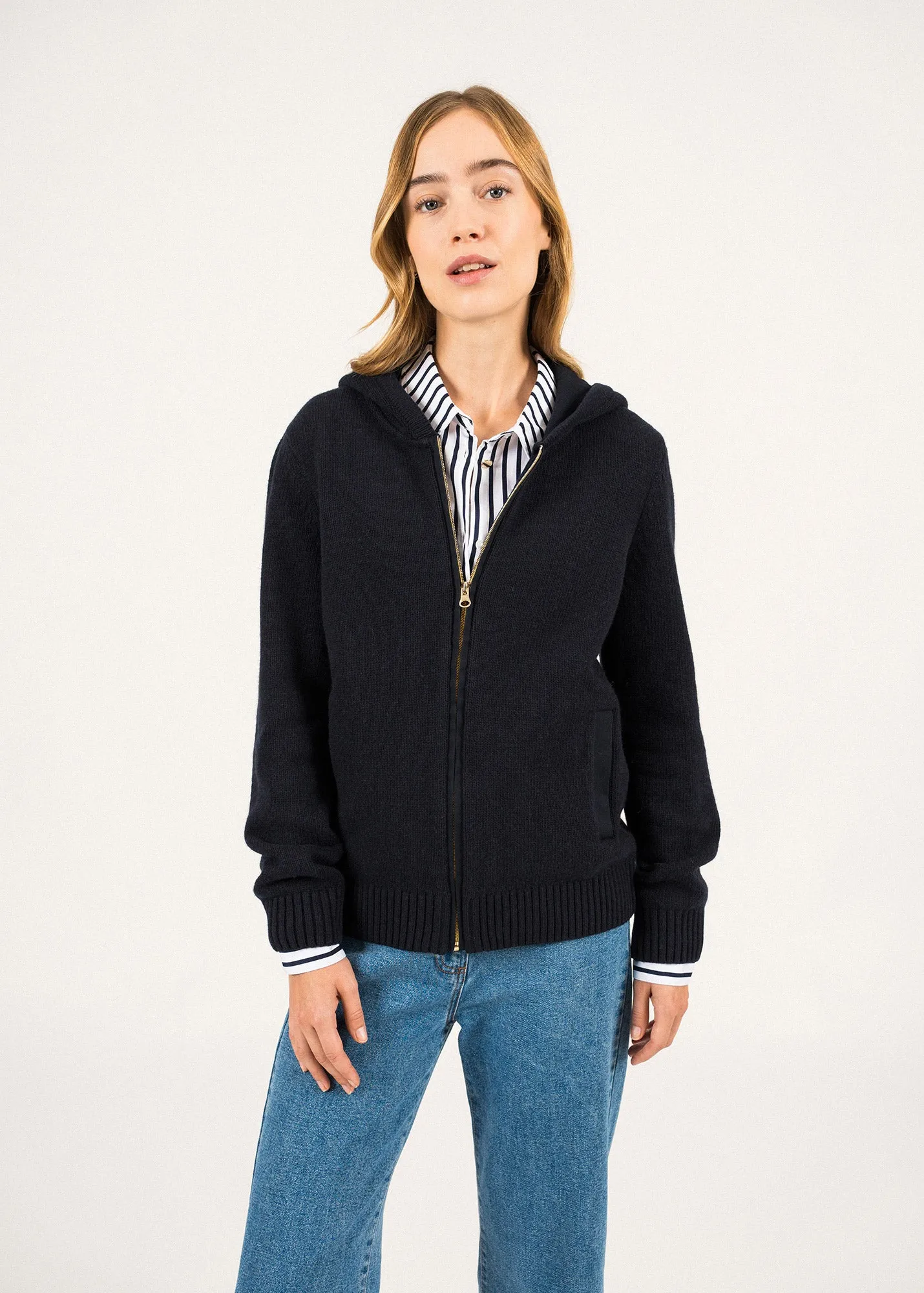 Dublin Hooded Cardigan - in wool and cotton (NAVY)