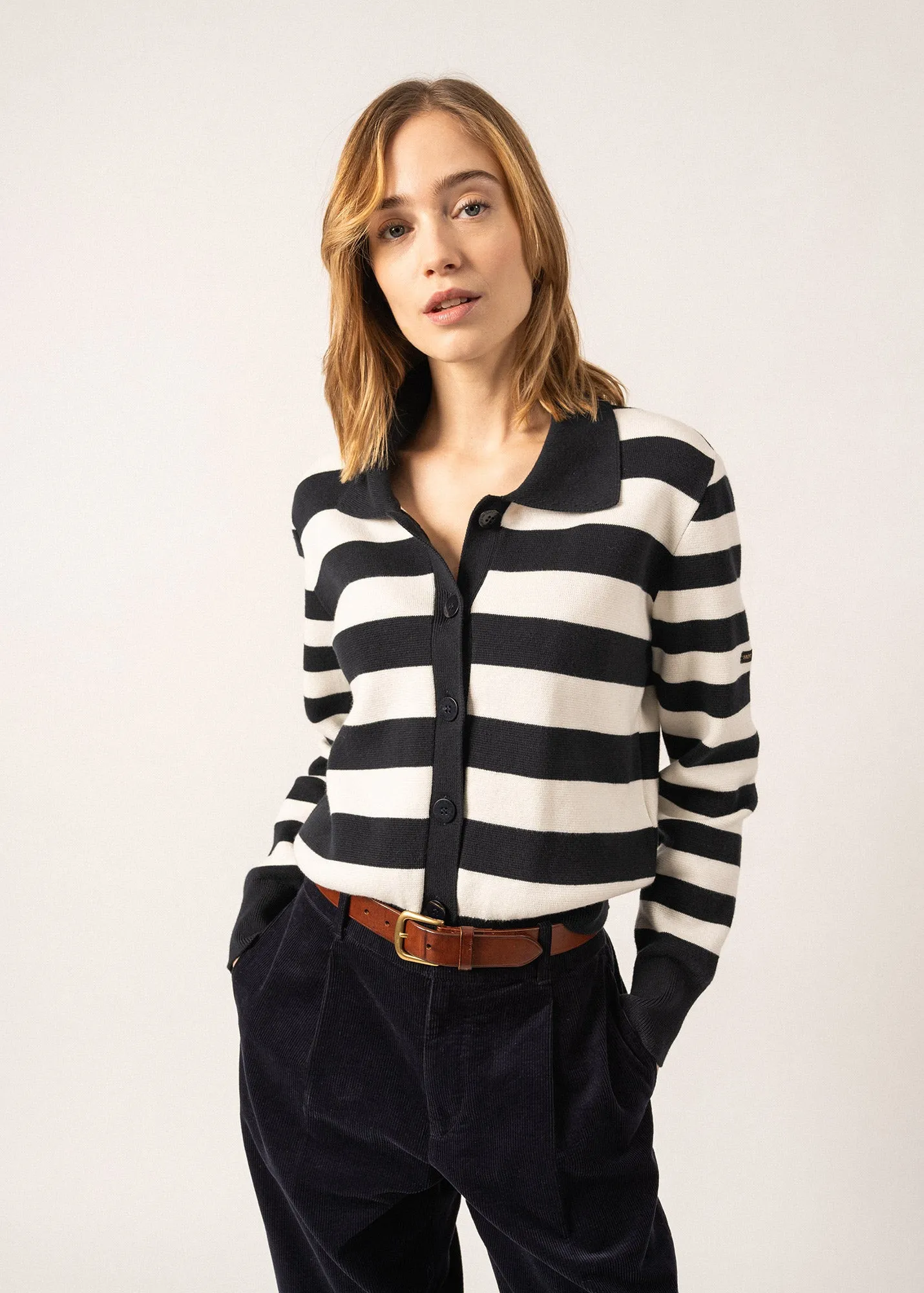 Galway Striped Cardigan - in cotton and cashmere (NAVY/ECUME)