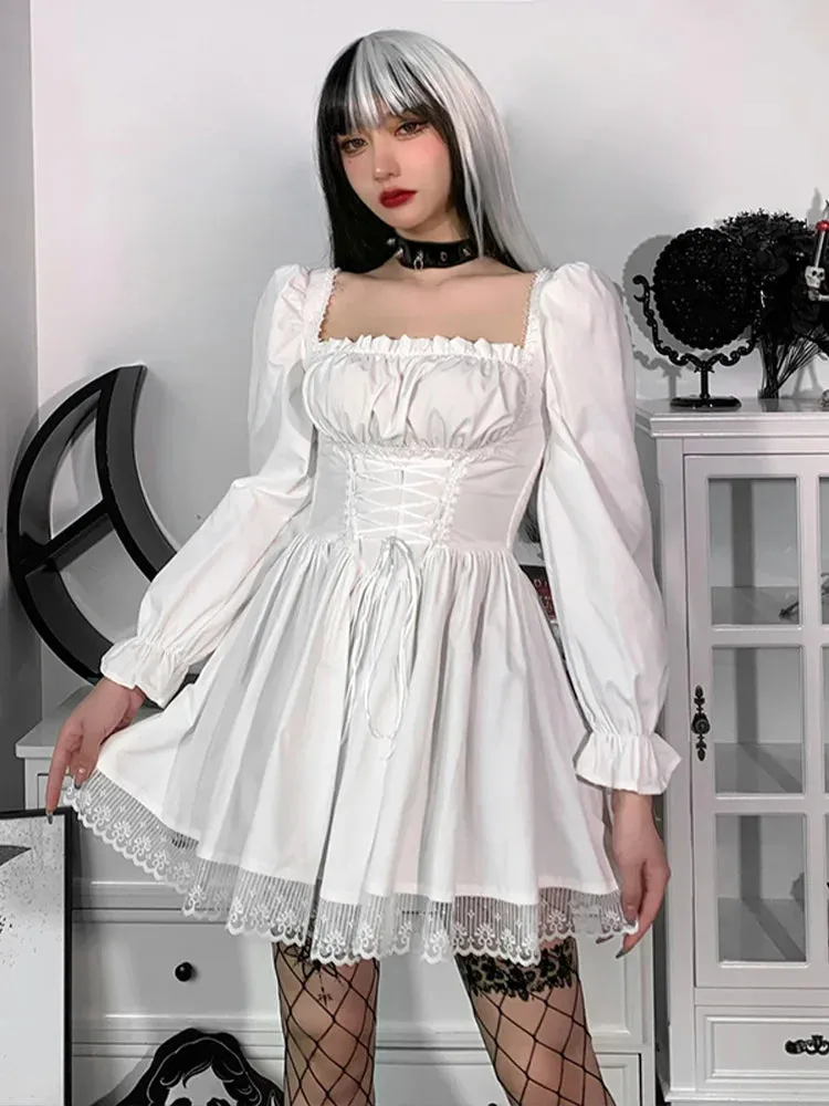 Gothic Spaghetti Strap Lace Satin Slip Vintage Square Collar Mini Dress