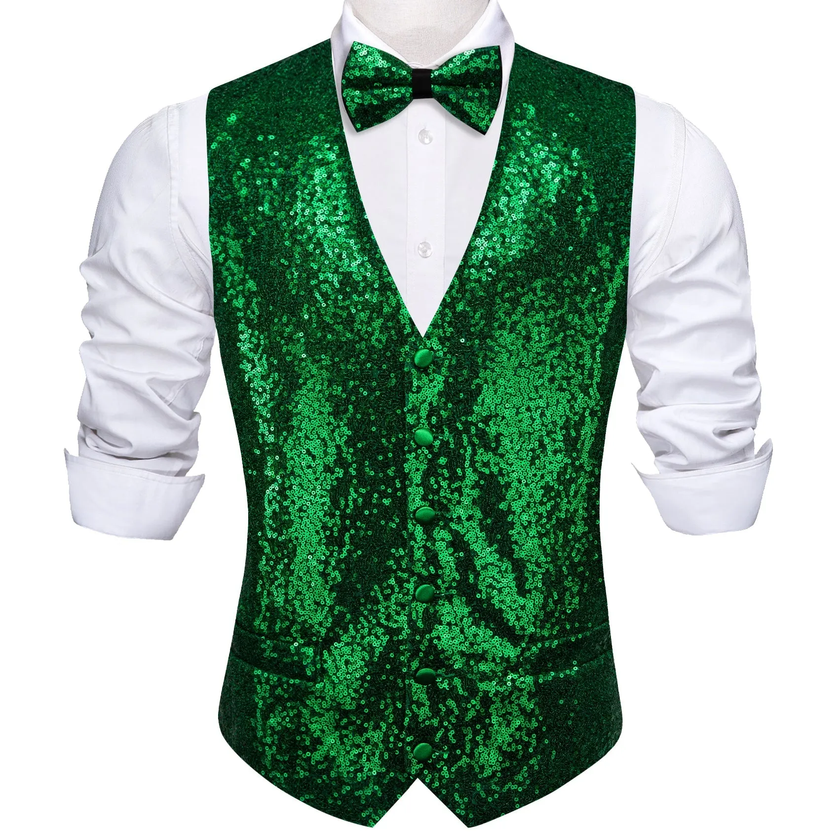 Green Sequins Silk Men's Vest Hanky Cufflinks Bow Tie Set