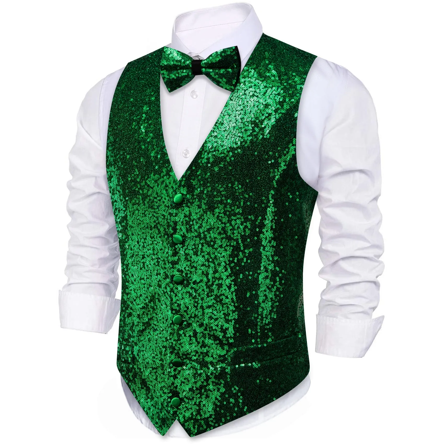 Green Sequins Silk Men's Vest Hanky Cufflinks Bow Tie Set