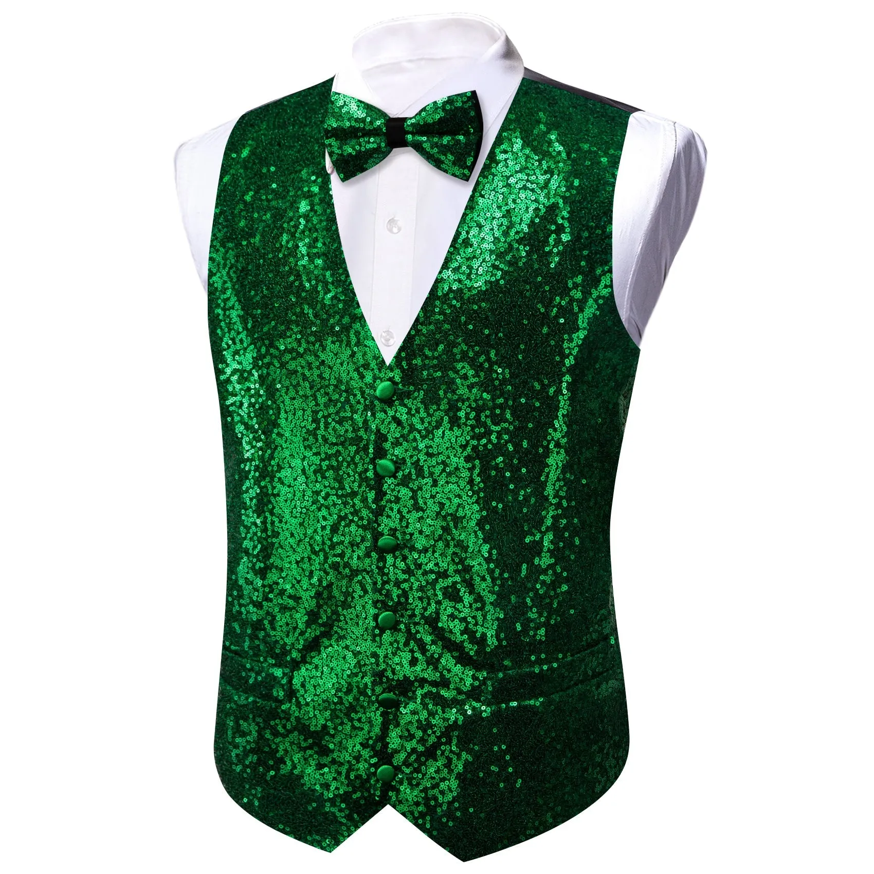 Green Sequins Silk Men's Vest Hanky Cufflinks Bow Tie Set