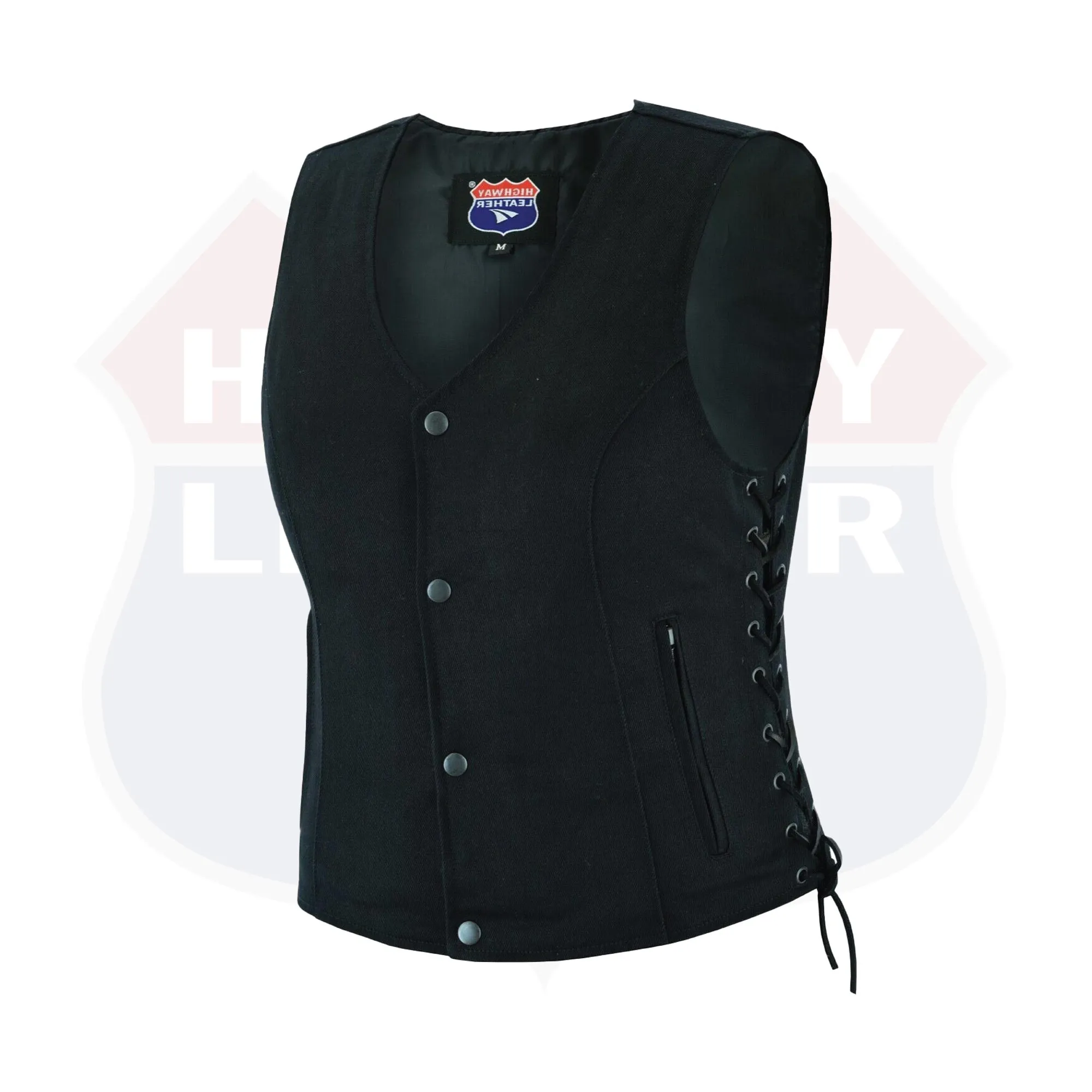 HL21851 Women’s Denim Motorcycle Side Lace Club Vest with 2 Inside Ammo Pocket