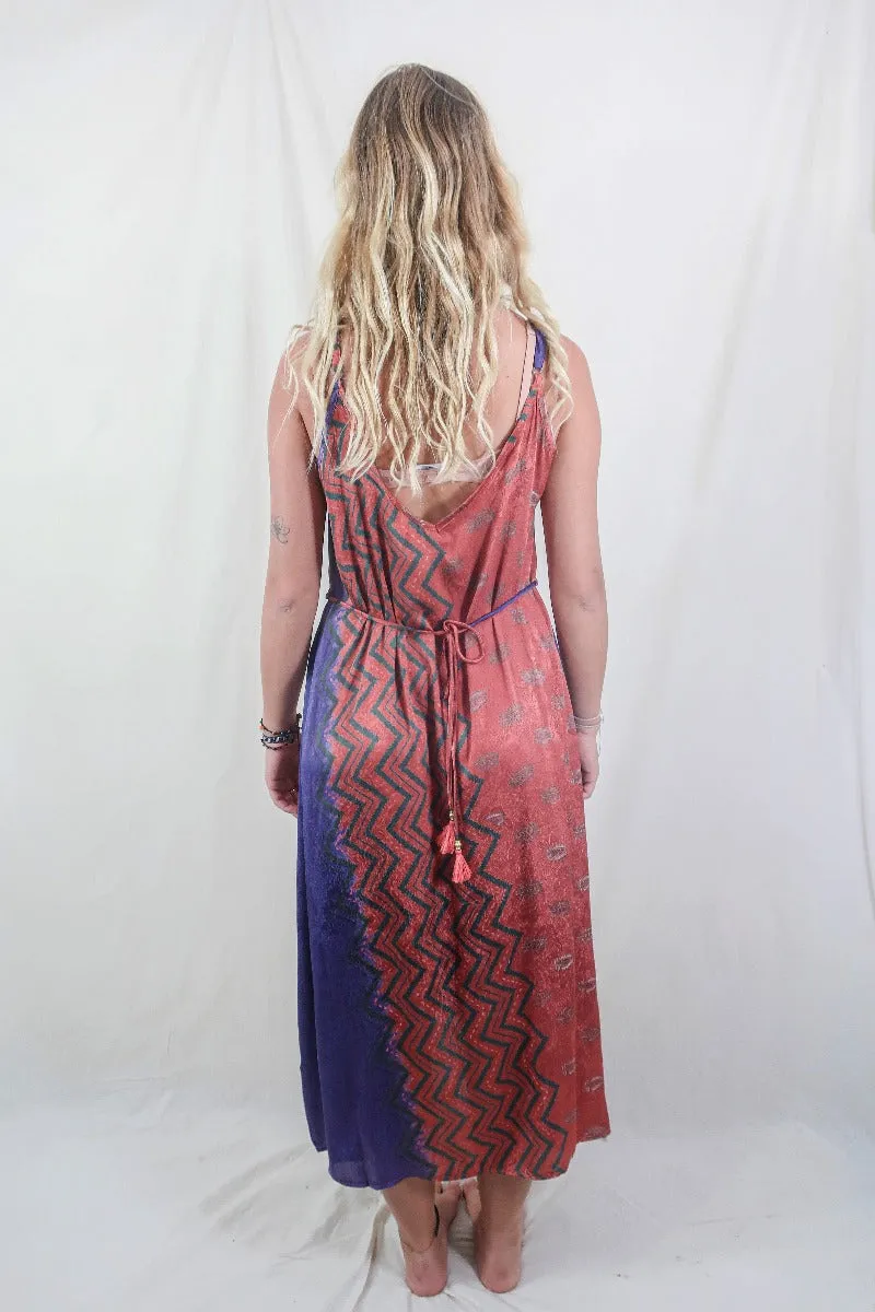 Jamie Dress - Indian Sari Slip - Rust Red & Violet Chevron - Size S/M