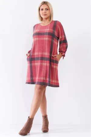 Junior Plus Retro Red Plaid Bow Detail Midi Sleeve Relaxed Soft Mini Dress /3-2-1