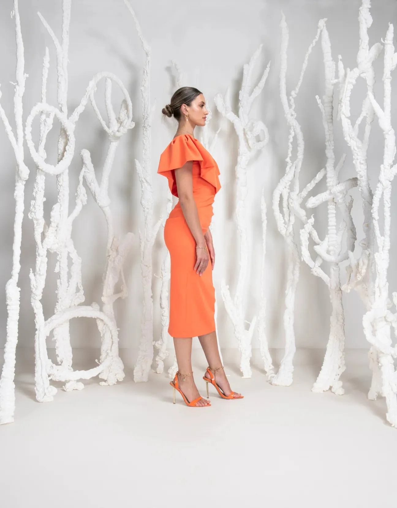 Kevan Jon Karolina frill midi dress orange