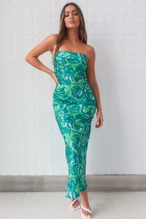 Kyra Satin Maxi Dress - Green Print