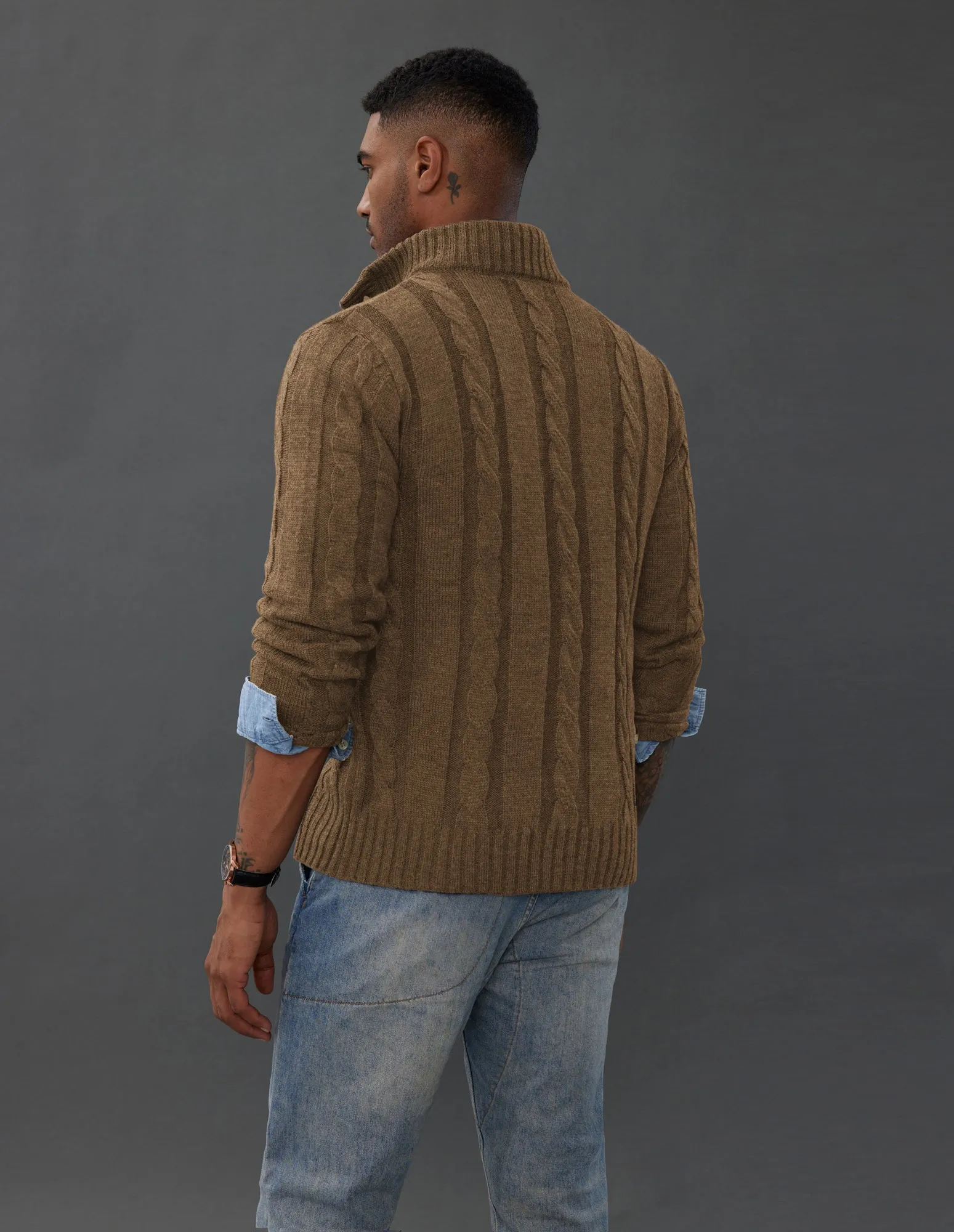 Men's Cardigan with Button Closure, Cable Knit Cardigan with Ribbed Stand-Up Collar for Autumn Winter