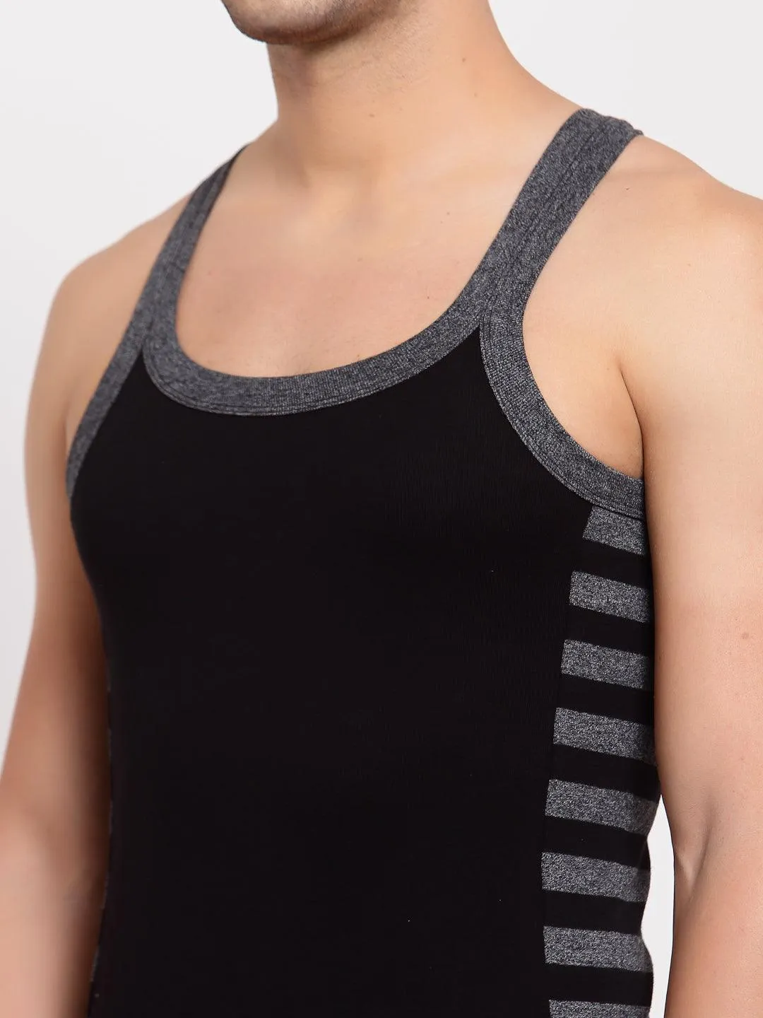 Men's Gym Vests with Designed Side Contrast Panel - Pack of 2 (Black & Olive)