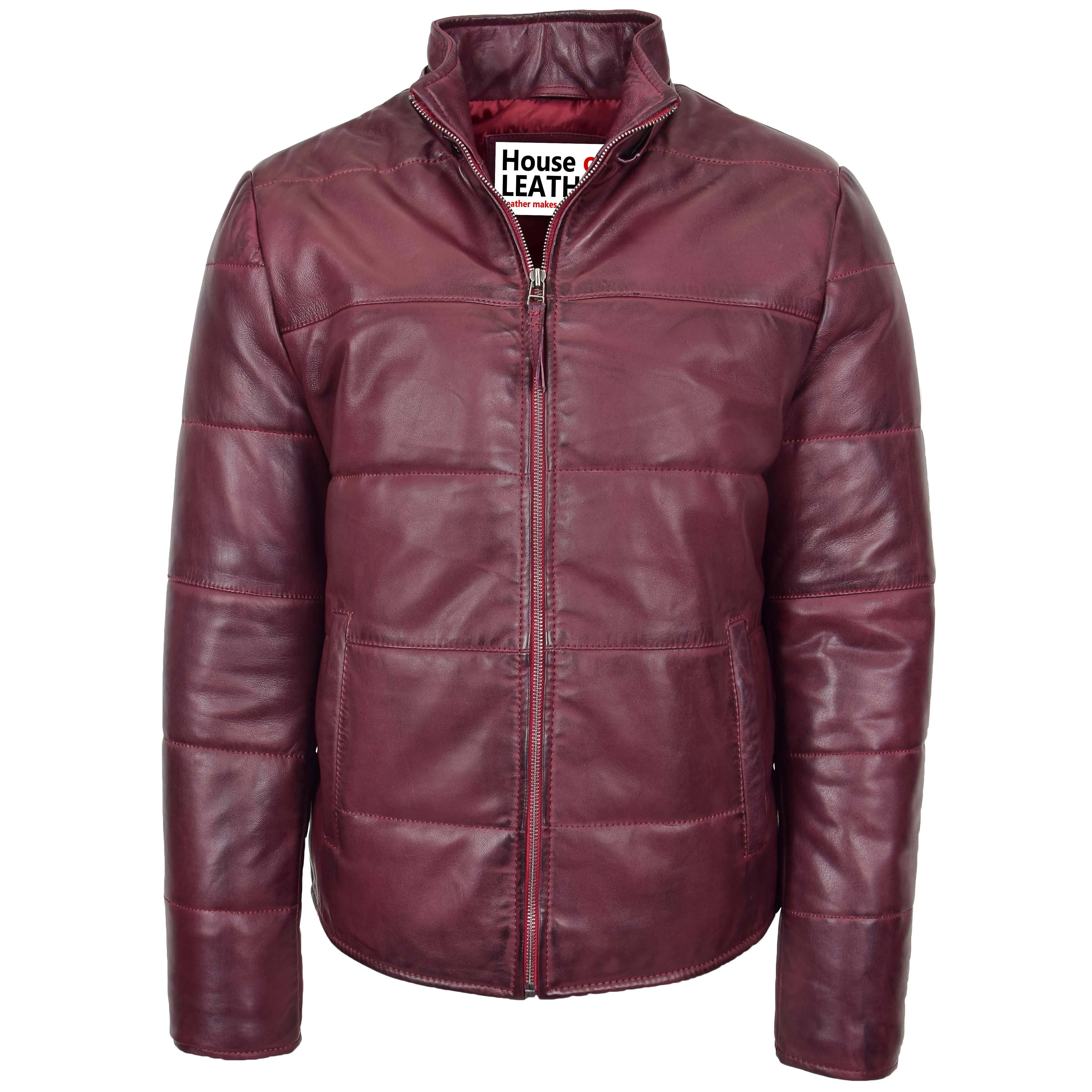 Mens Leather Hooded Puffer Jacket Rory Burgundy