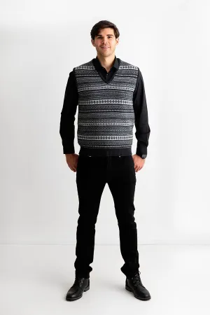 Mens Tweed Fair Isle V Neck Sleeveless Jumper - Charcoal Grey