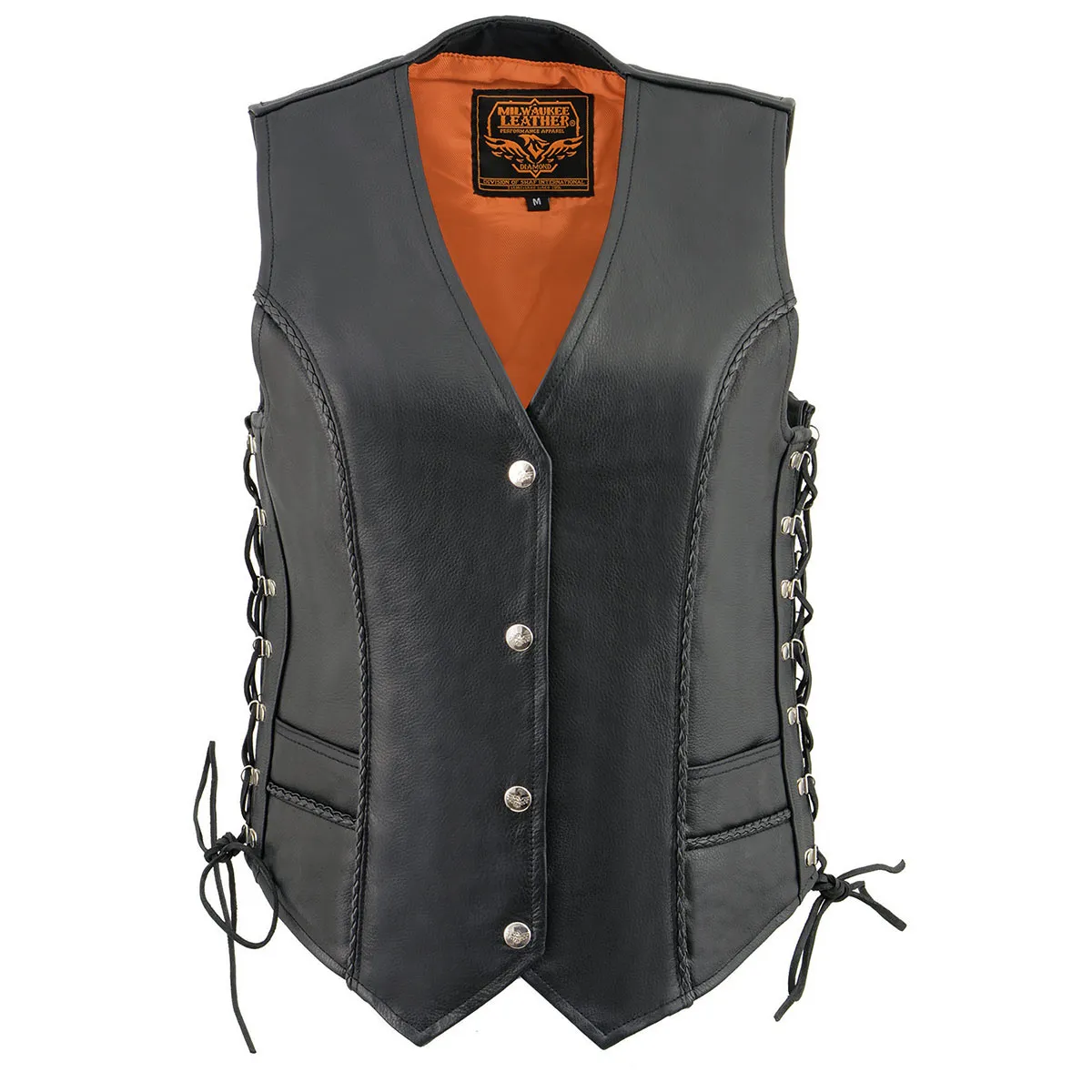 Milwaukee Leather ML2042 Women's Black Thin Braid Premium Leather Side Lace Motorcycle Rider Vest w/ Front Snap Closure