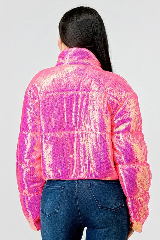 Pink Sexy Neon Sequins Puffer Overszied Bomber Jacket