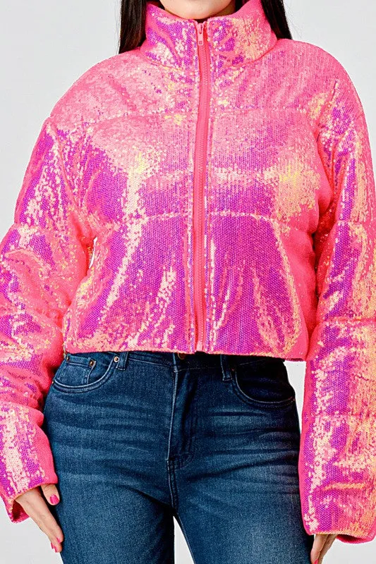 Pink Sexy Neon Sequins Puffer Overszied Bomber Jacket