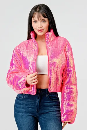 Pink Sexy Neon Sequins Puffer Overszied Bomber Jacket