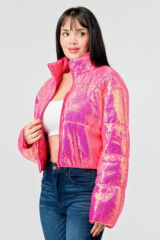 Pink Sexy Neon Sequins Puffer Overszied Bomber Jacket