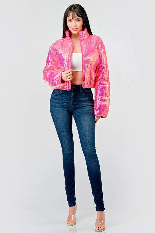 Pink Sexy Neon Sequins Puffer Overszied Bomber Jacket