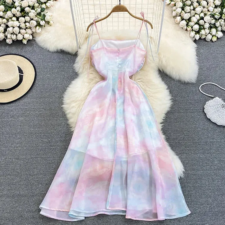 Radiate Elegance: Rainbow Print Chiffon Lace-Up Dress