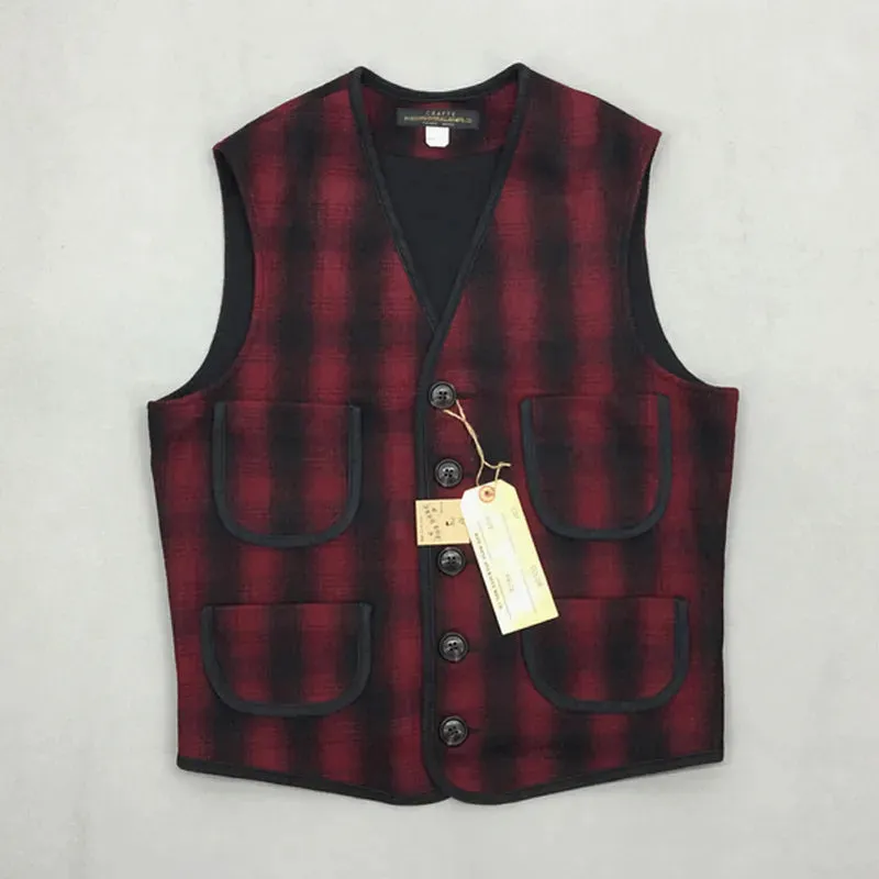 Retro Woollen Checked Suit Vest with Trim Fit - Men's Hunting Waistcoat