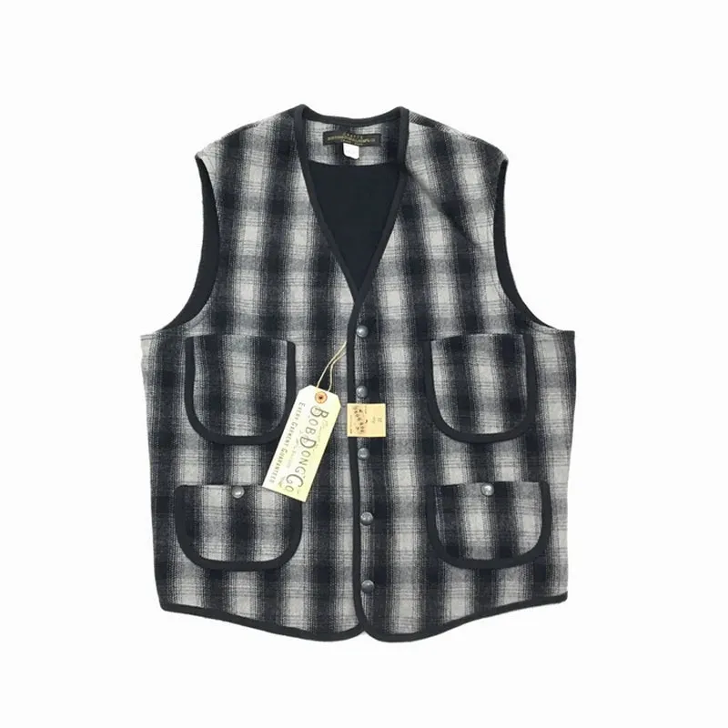 Retro Woollen Checked Suit Vest with Trim Fit - Men's Hunting Waistcoat