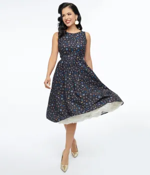 Retrolicious 1950s Black Celestial Stars & Moon Print Midi Dress