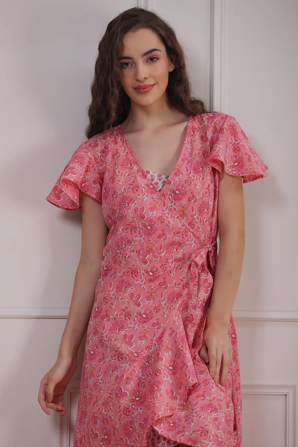 Rose Garden with White Slip Wrap-around Dress