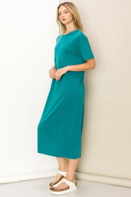 Teal Take A Stroll Side Slit T-Shirt Midi Dress