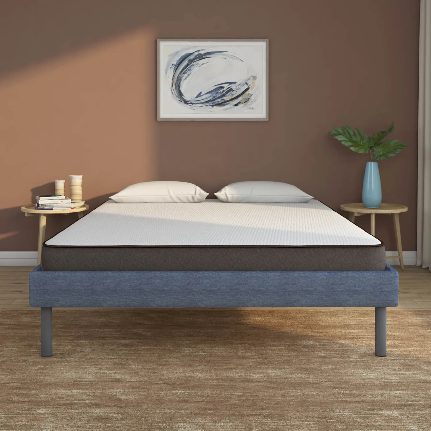 Velvette Upholstered Bed (Blue)   Lite Dual Mattress (King)