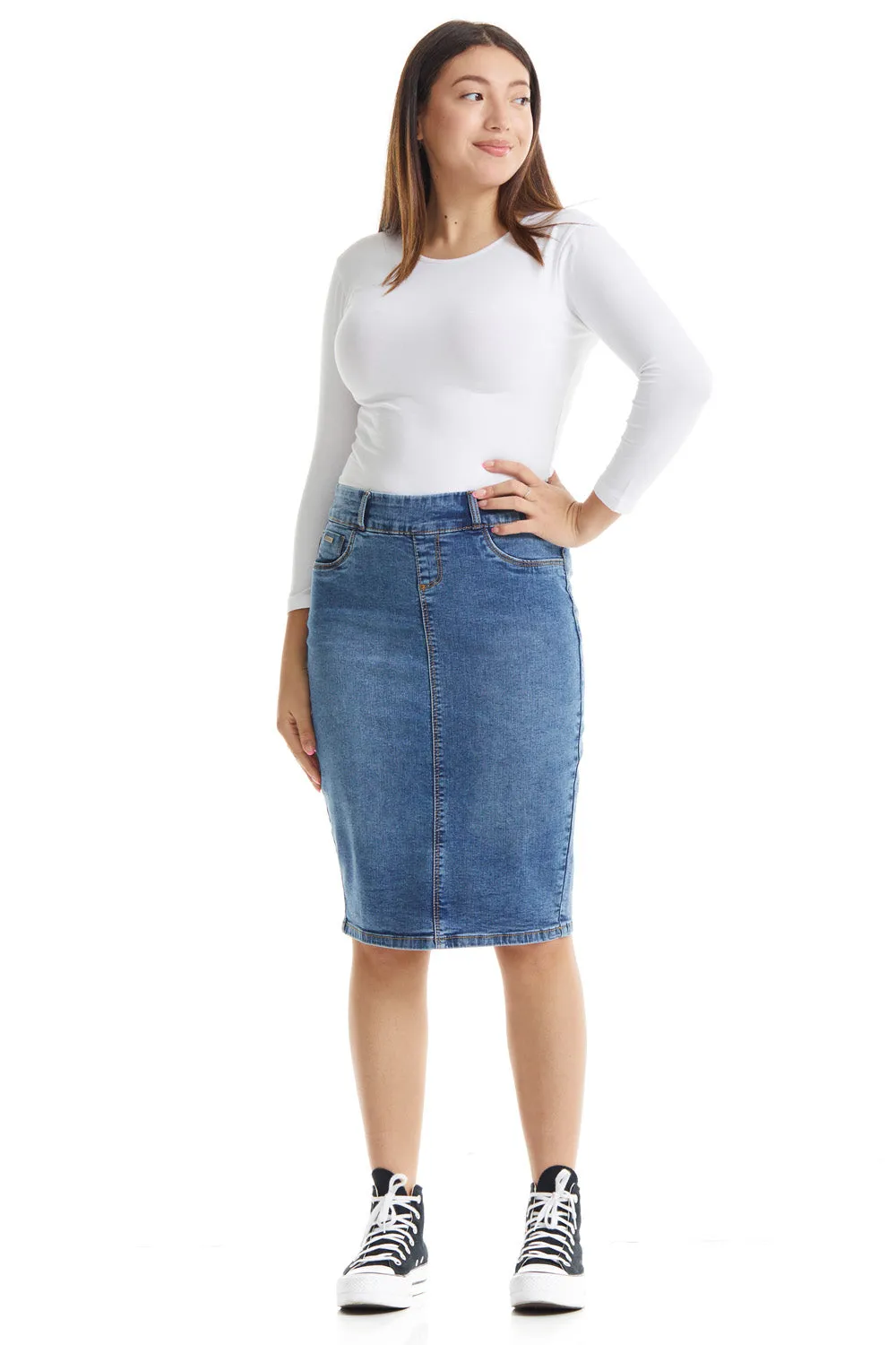 Vintage Blue Knee Length Denim Pencil Skirt for Women 'Brooklyn'