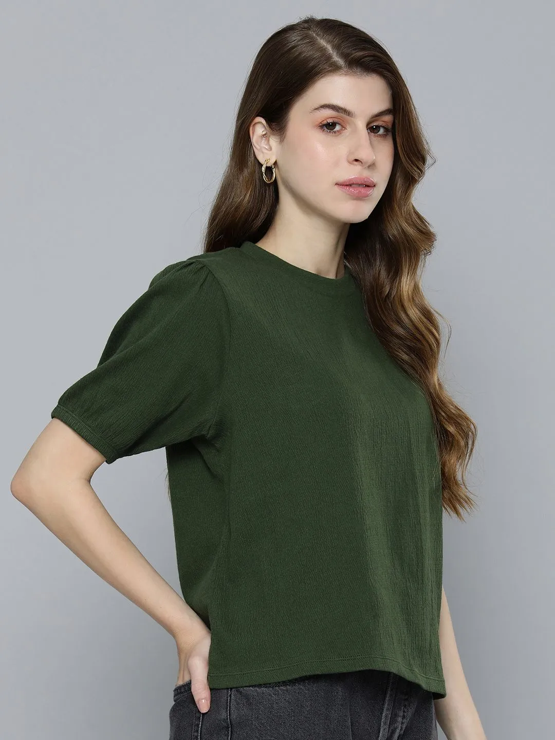 Women's Textured Green Tie Neck Top